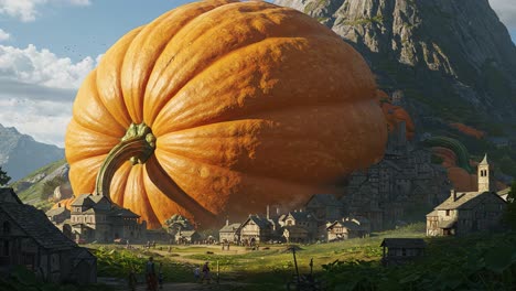 giant orange pumpkin overlooking a quaint village surrounded by majestic mountains and lush greenery, captured in stunning detail and vivid colors