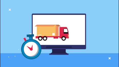 delivery logistic service with truck and chronometer in desktop