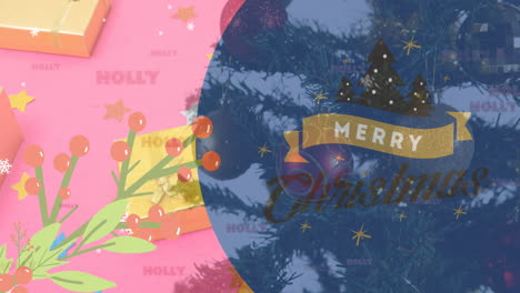 animation of christmas greetings text over christmas tree and decorations