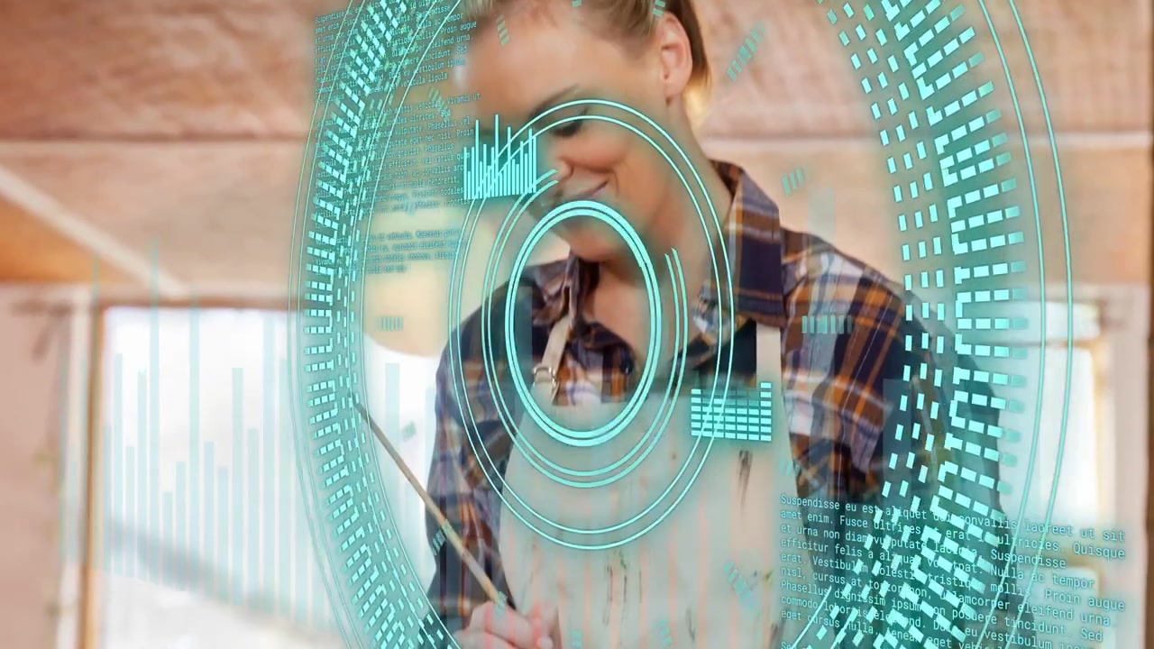 Adult woman mixing paint and guiding child, brush motion activating teal AR HUD showing art tips