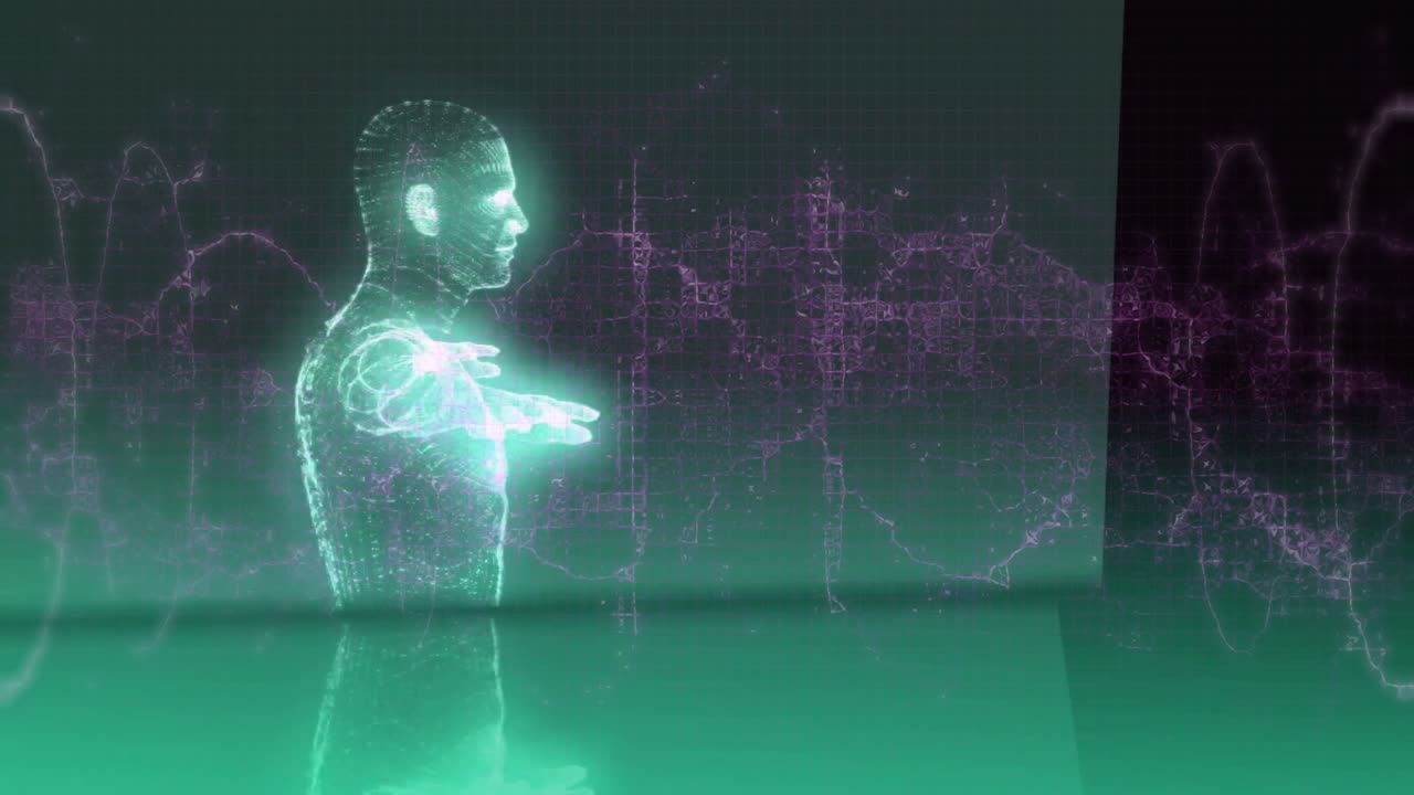 Pointing in animation, digital hologram of human figure with network background
