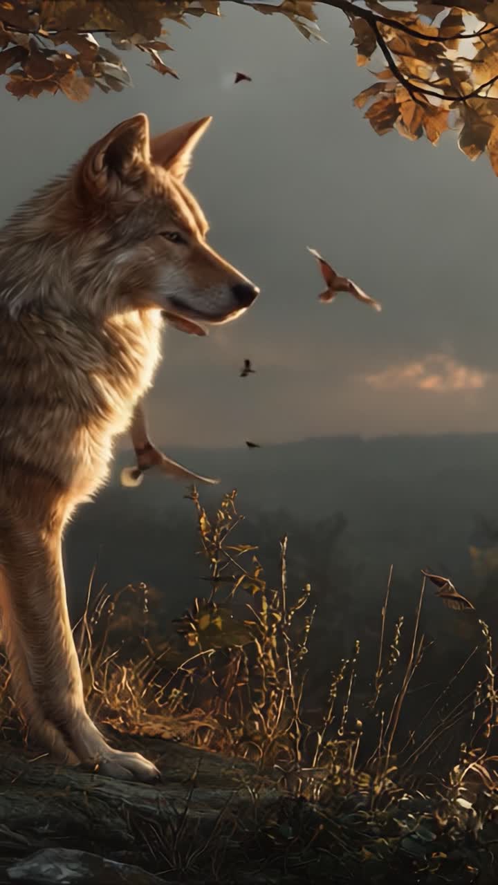 A Majestic Wolf in Tranquil Nature: A Captivating Portrait of a Canine Guardian Against a Serene Landscape at Dusk