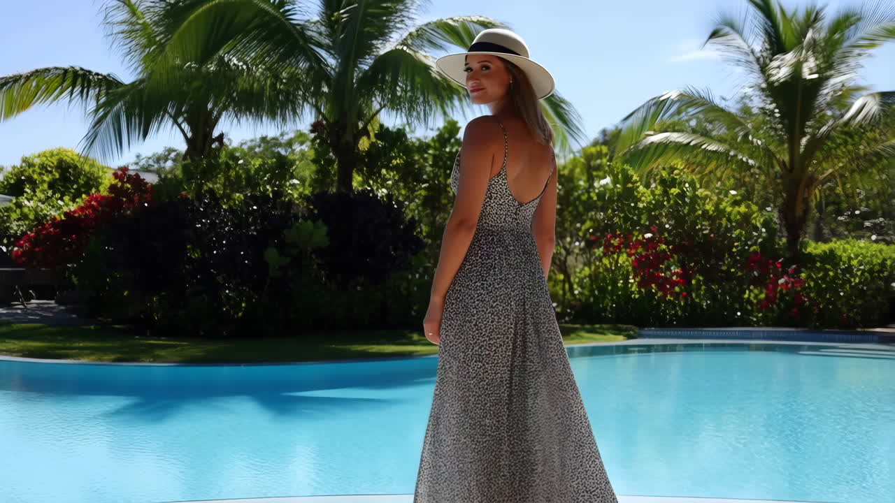 Woman in a long dress and hat by a tropical pool
