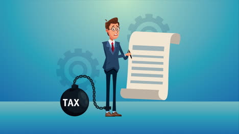 elegant businnessman lifting tax fetter and document character animated