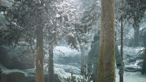 astronaut exploring forest in snow