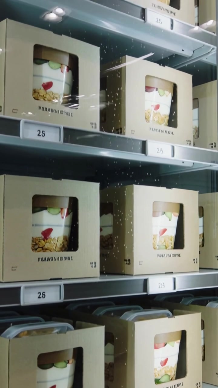 Vertical video: Tilting camera revealing stacked boxed cups behind glass, showing shelf label 25