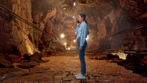 full body side view of asian female in underground mine tunnel, she is speaking with someone in the phone