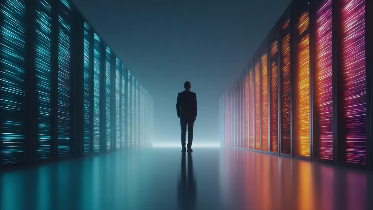 A solitary figure stands at the intersection of vibrant data streams and sleek servers, embodying the convergence of technology and human ingenuity in a digital landscape