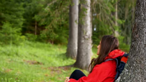 young tourist girl rests in the forest leaning against a pine tree.