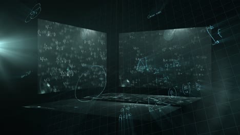 Mathematical-equations-floating-against-screens-with-mathematical-symbols-on-green-background