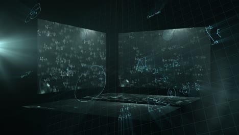 mathematical equations floating against screens with mathematical symbols on green background