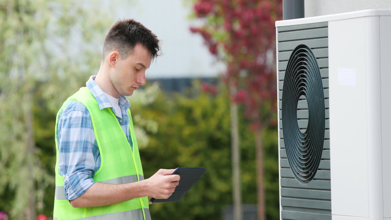 A young engineer sets up a heat pump near a private house. Uses a tablet