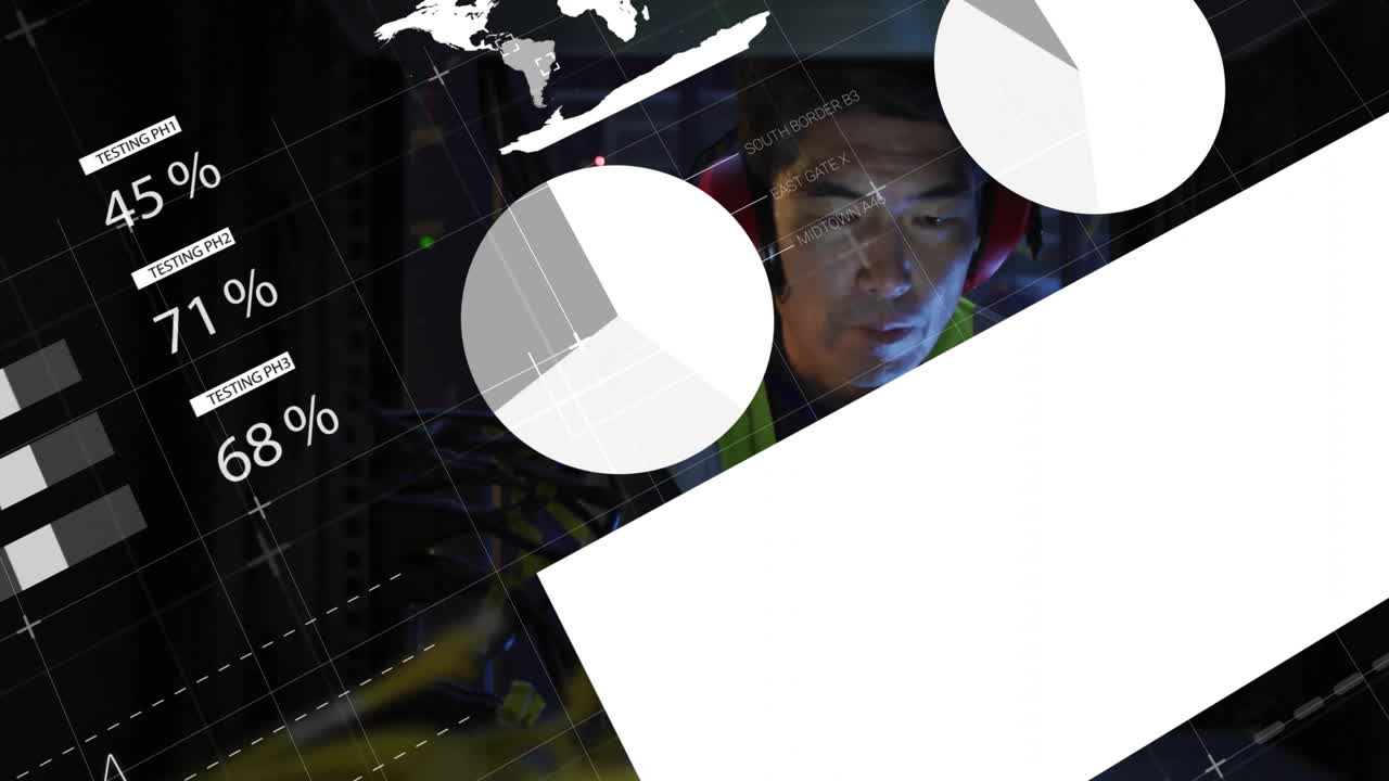 animación del procesamiento de datos sobre un ingeniero de ti afroamericano por servidores informáticos