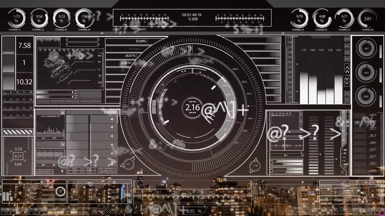 Animation of data processing and scope scanning over city scape