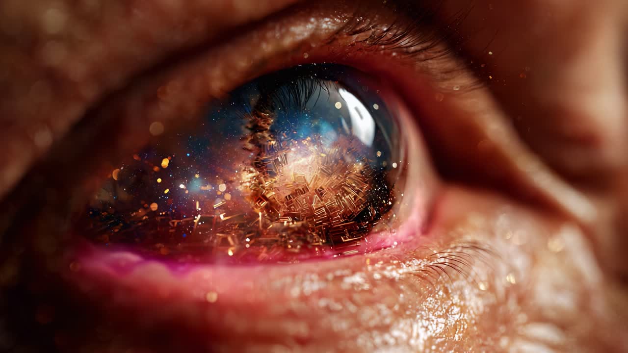 A Close-Up Perspective of an Eye Showcasing a Captivating Cosmic Scene, Blending the Depths of Space with Intricate Details of City Life in Its Reflection