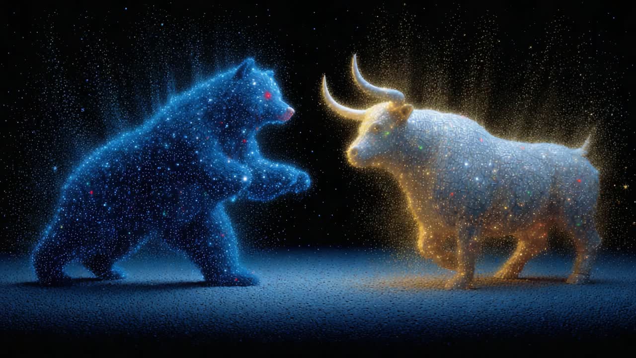 A Cosmic Clash: Illuminated Bear and Bull Facing Off in a Starry Exchange of Energy and Power