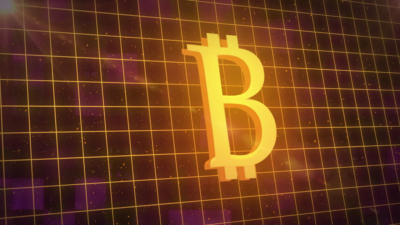 animación del icono de bitcoin y procesamiento de datos y fondo oscuro