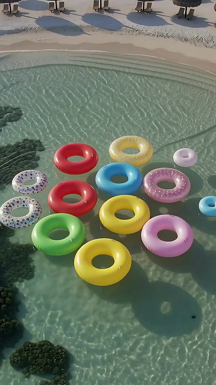 Video vertical: Brisa empujando un grupo de flotadores a la deriva hacia la orilla de un complejo turístico, con sombrillas