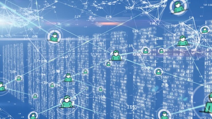 Animation of network of connections with icons and data processing over computer servers