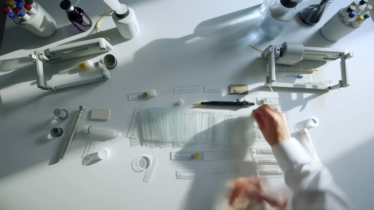 Overhead laboratory hands preparing diagnostic test strips during midclip assembly and processing