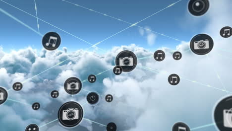 animación de la red de conexiones de iconos con cámaras y notas sobre nubes