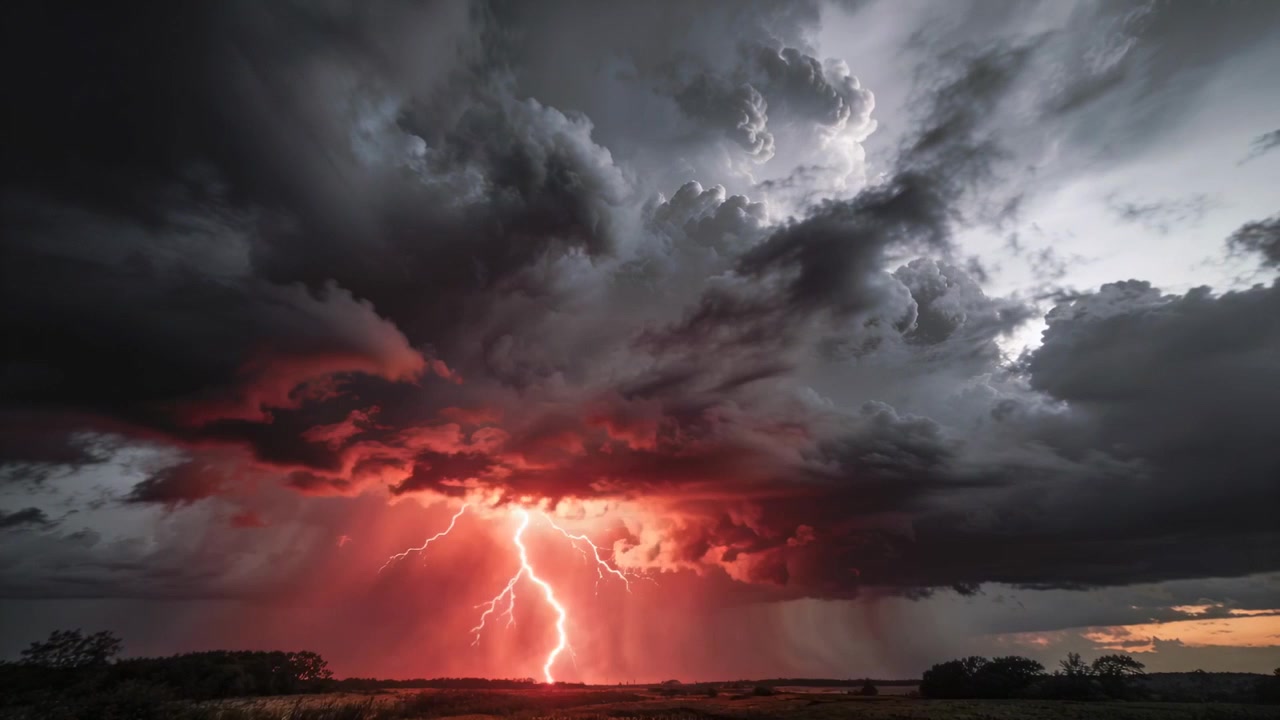 Actieve stormkern zendt rode bliksemschichten uit over landelijke vlakte, verlichtende regenbuien