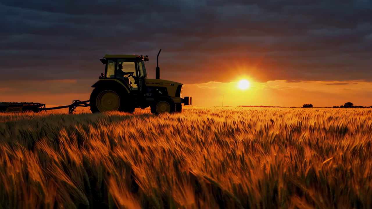Tractor in a Golden Wheat Field at Sunset