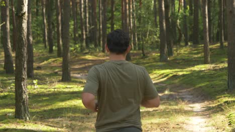 back view of an active man enjoying a mile of running at the pathway of a forest near norwegian village in arendel, zagorow poland