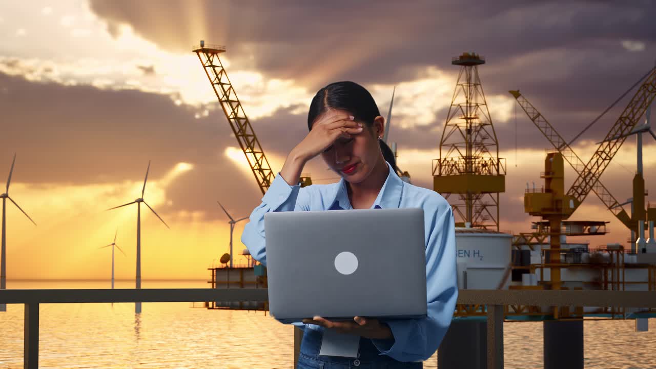 Asian Female Professional Worker Standing With Her Laptop With Offshore Hydrogen Production, High-tech Industrial Facility, She Is Nodding Her Shead With Dissapionted