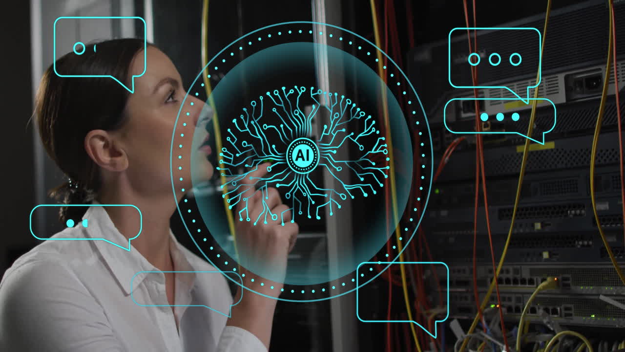 animación de la red de cerebro del escáner de ia y iconos de chat sobre técnico de servidor femenino caucásico