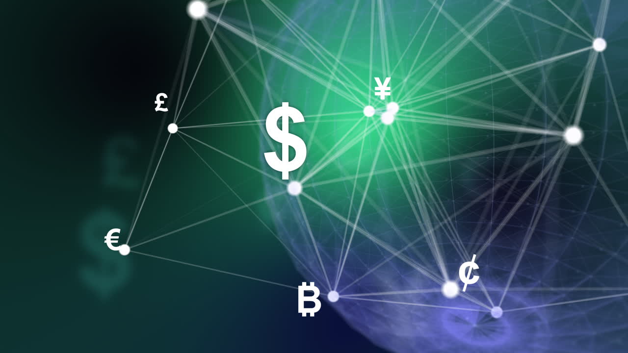 Dollar, euro and bitcoin symbols connected by lines. Animation with a rotating globe on a blue background. Currency signs. Plexus of lines