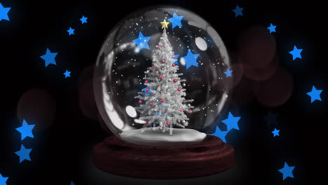 red shooting star over christmas tree in a snow globe against multiple blue stars icons floating