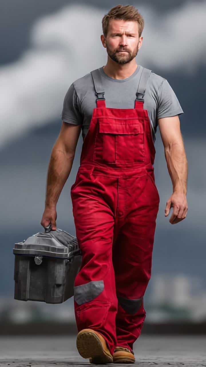 A determined worker strides forward with a toolbox in hand, showcasing strength and purpose in a powerful industrial backdrop, emphasizing resilience and craftsmanship