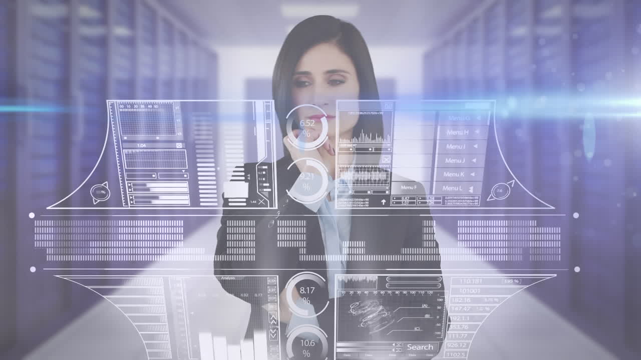 animación de una mujer de negocios con pantalla táctil con procesamiento de datos