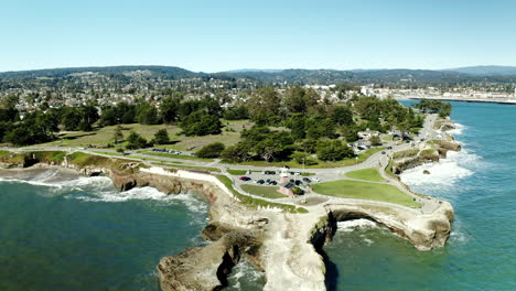 A-drone-view-of-Steamer-Lane-in-Santa-Cruz,-CA