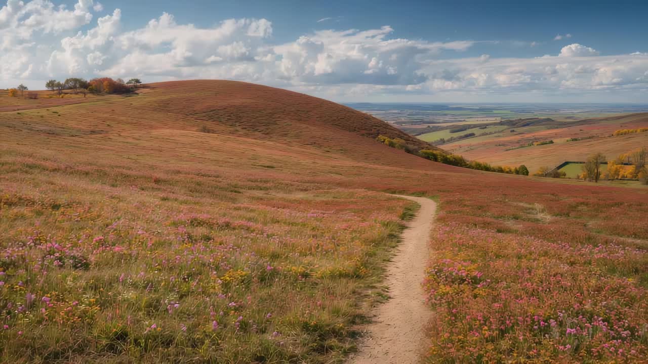 Holding camera shot then panning across reddish hillside with narrow footpath, revealing farmland