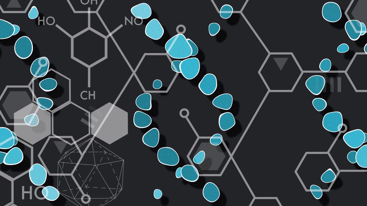 Scattered teal petals aligning moving rotating forming 3 spiral chains visualizing molecular grid