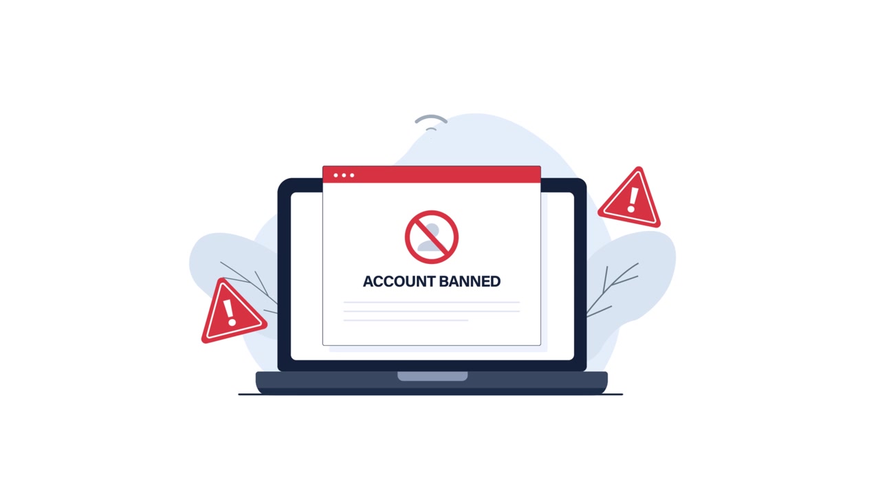 Laptop Displaying Account Banned Notification with Warning Icons