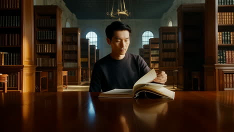 man reading a book in a grand library