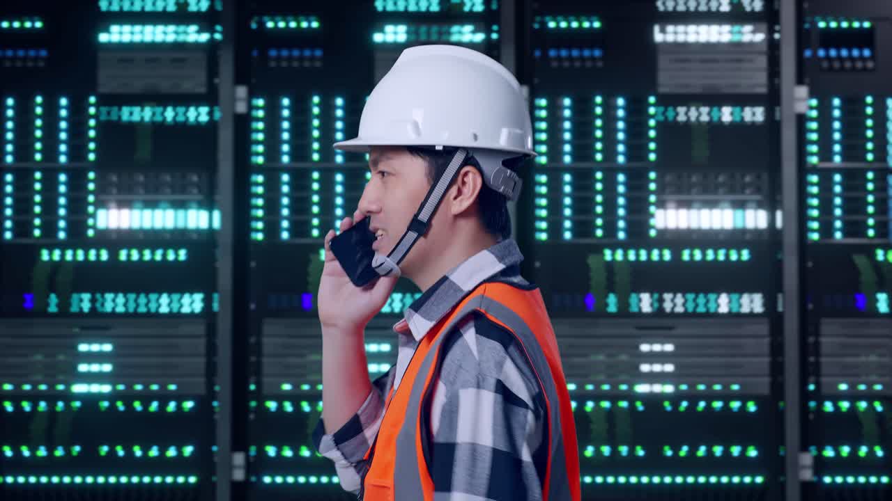 Seitenansicht eines asiatischen Ingenieurs, der am Smartphone telefoniert, während er durch den Serverraum eines Rechenzentrums geht.