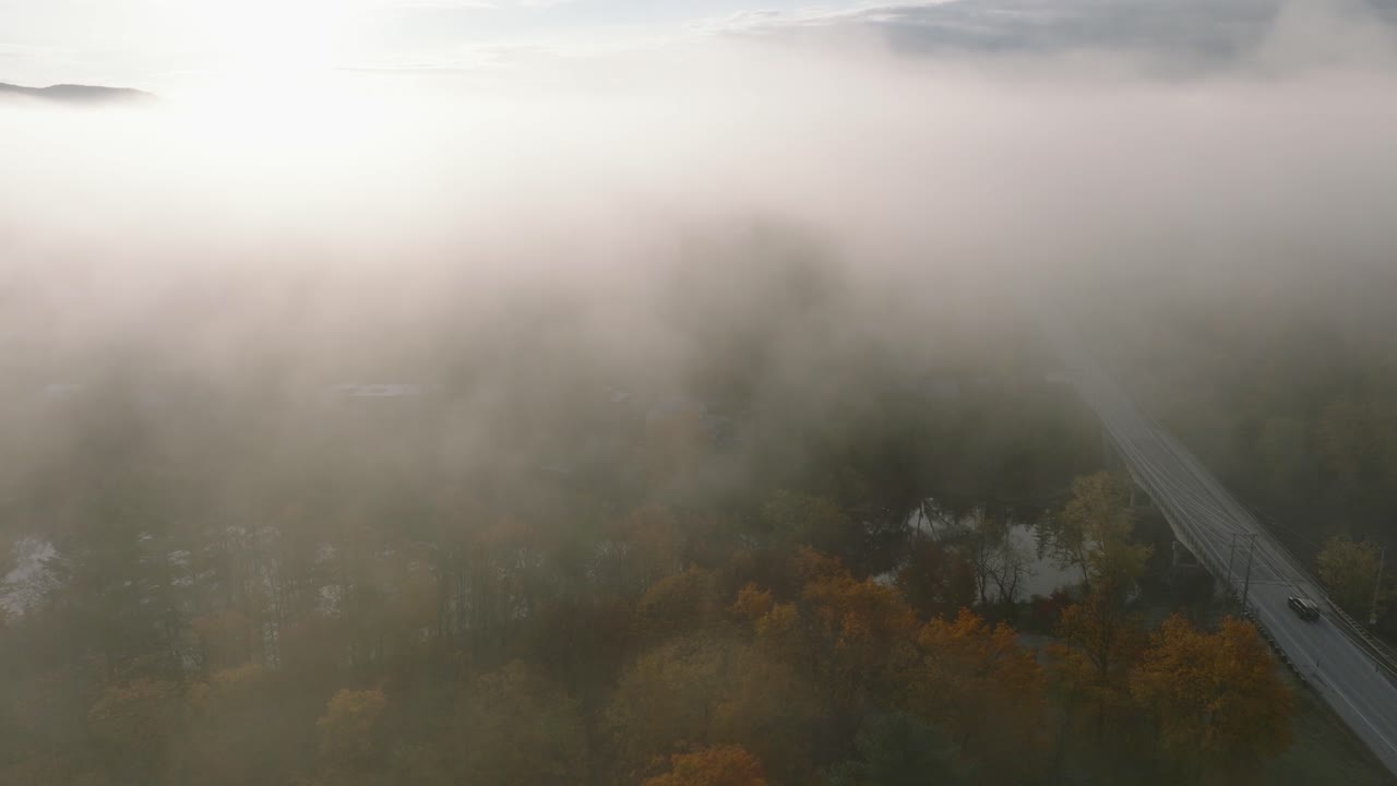 캐나다 퀘벡주 셔브룩에서 가을 동안 시골길과 다채로운 나무 위에 안개가 자욱한 분위기