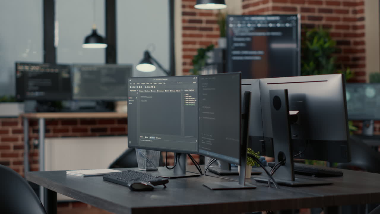 Computer monitors displaying parsing code in empty it agency office and computers compiling data