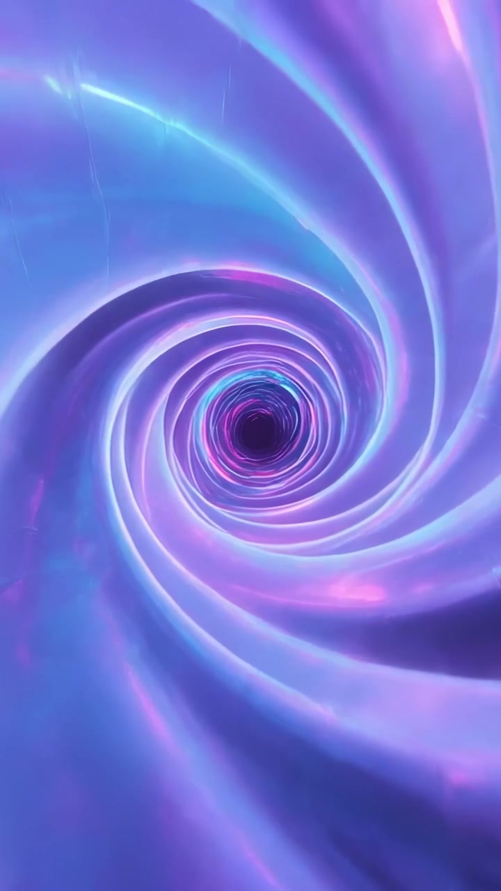 Vertical video: Rotating neon spiral moving toward dark core in CGI tube on play to draw viewer