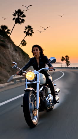 Woman Riding a Motorcycle on a Coastal Road at Sunset