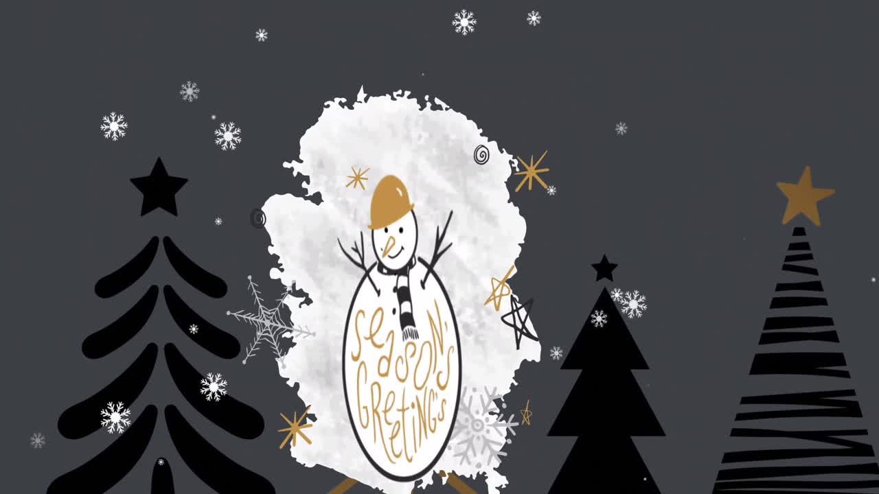 animación de las estaciones saludos texto sobre muñeco de nieve y árboles de navidad