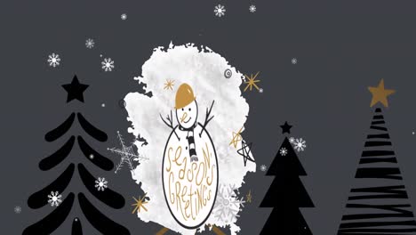 Animation-of-seasons-greetings-text-over-snowman-and-christmas-trees