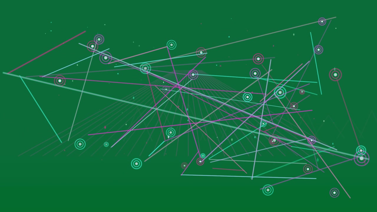 On node pulses, neon network growing into meshes while zooming, showing data links on transparent