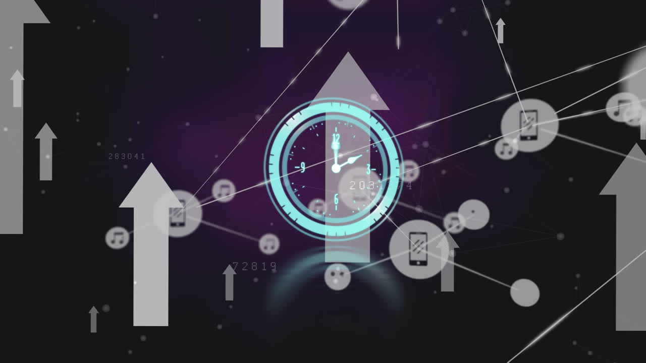 animación de reloj de neón y red de iconos digitales y flecha múltiple moviéndose hacia arriba