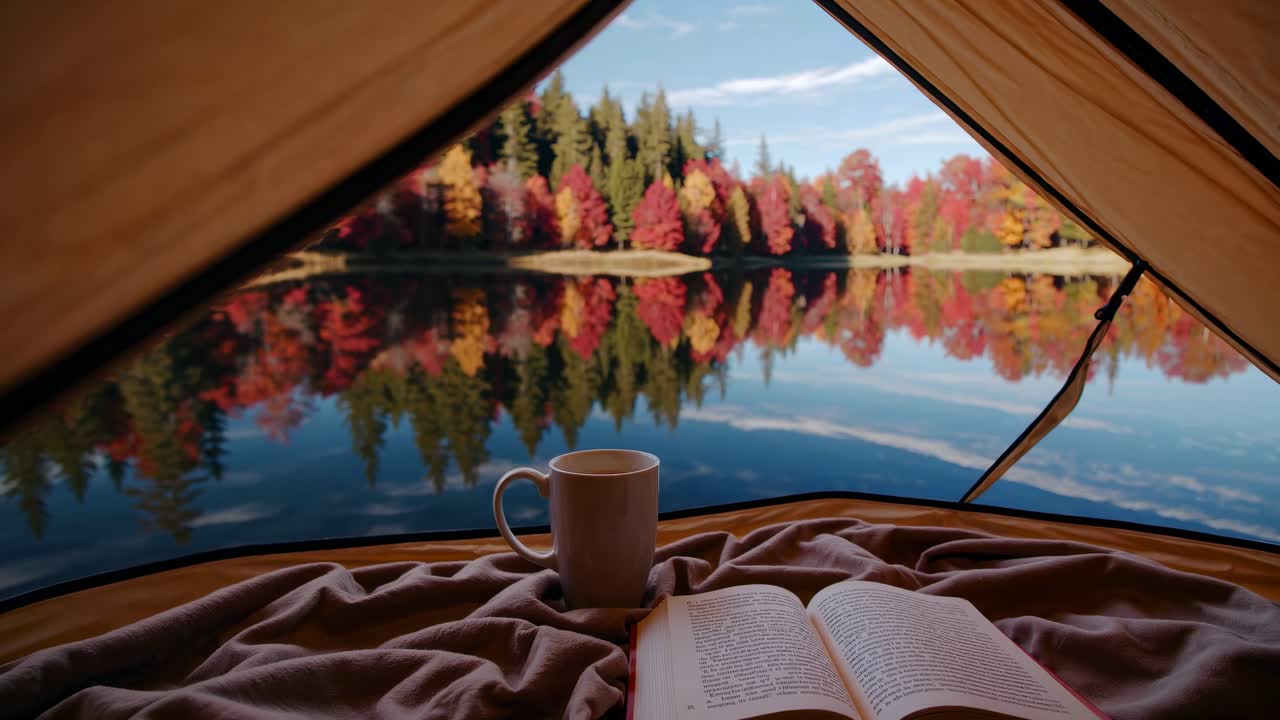 POV from inside a tent, overlooking a serene lake with autumn trees. A book and mug suggest a cozy