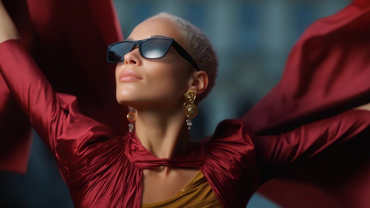 Una modella elegante che esibisce grazia e moda con occhiali da sole e un tessuto scenografico, emanando sicurezza e aplomb in un ambiente vibrante e artistico.